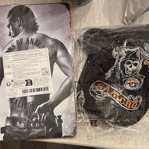 SAMCRO Black Cap with Skull Embroidery and Sons of Anarchy metal sign bundle NWT